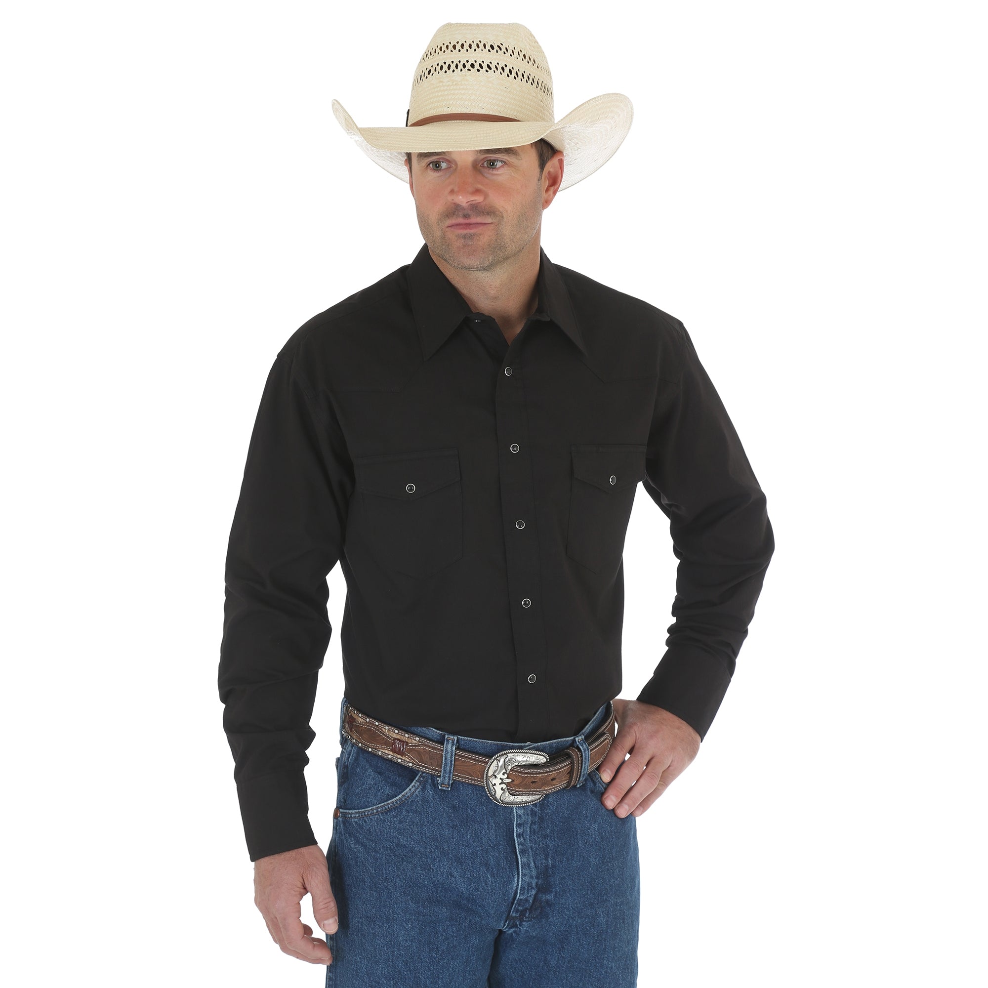 Wrangler Western Snap Shirt - Long Sleeve Solid Broadcloth - 71105BK/7