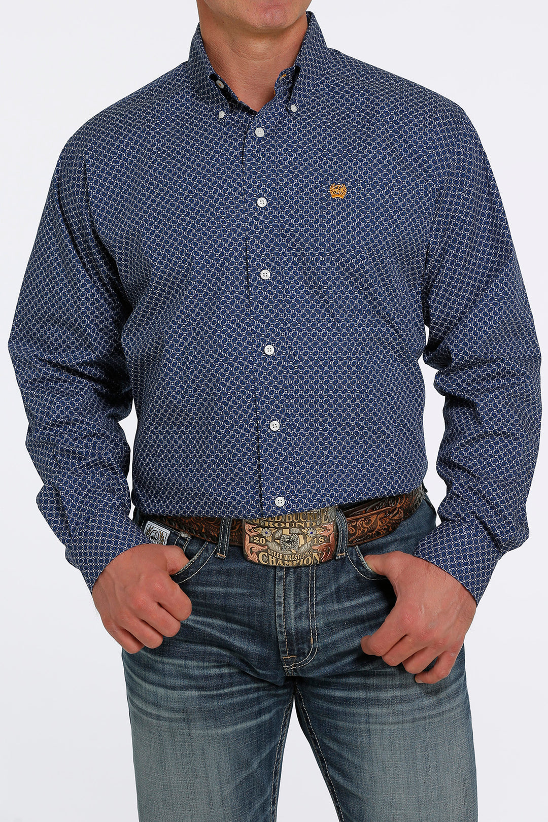 Men's Cinch Long Sleeve Blue Geo Print Shirt - MTW1105447