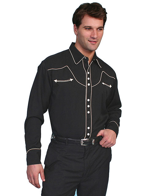 Scully Men's Western Apparel - Solid Black / Cream Piping Shirt - P620