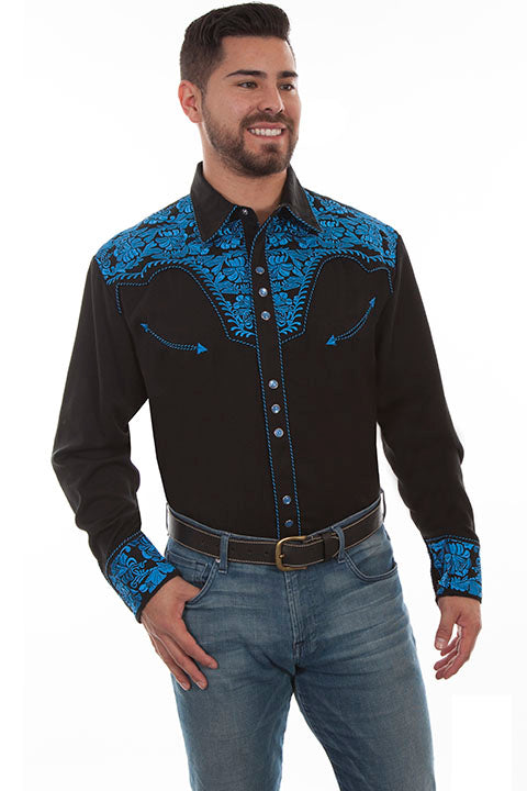 Men's Scully Royal Blue Embroidered Gunfighter Long Sleeve Western Shirt- P634
