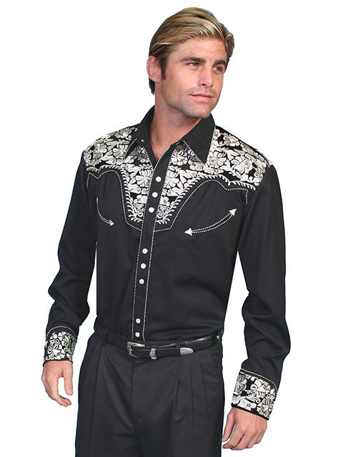Scully Men's Silver Embroidered Gunfighter Long Sleeve Western Shirt - P634S