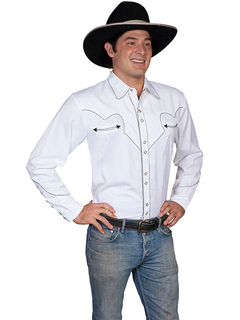 Men's Scully White Piped Vintage Western Diamond Snap Shirt - P726