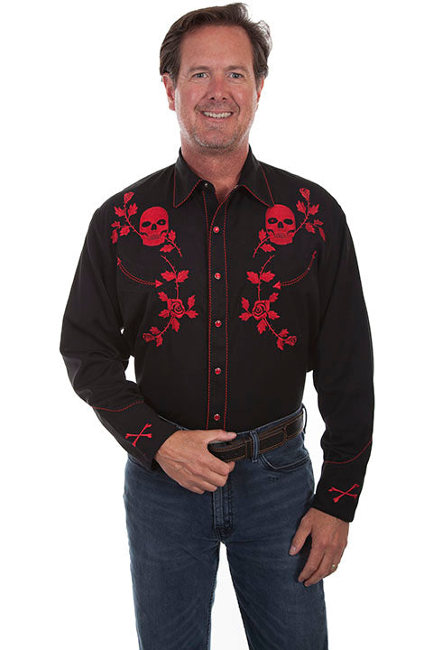 Camicia western Scully Crimson con teschi e rose da uomo - P771