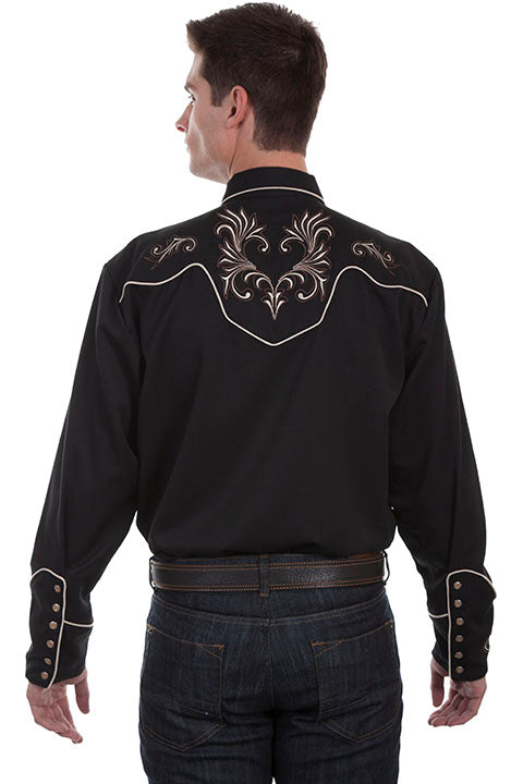Camicia western da uomo ricamata con pergamene floreali Scully nera - P870