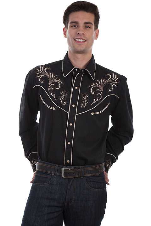 Camicia western da uomo ricamata con pergamene floreali Scully nera - P870