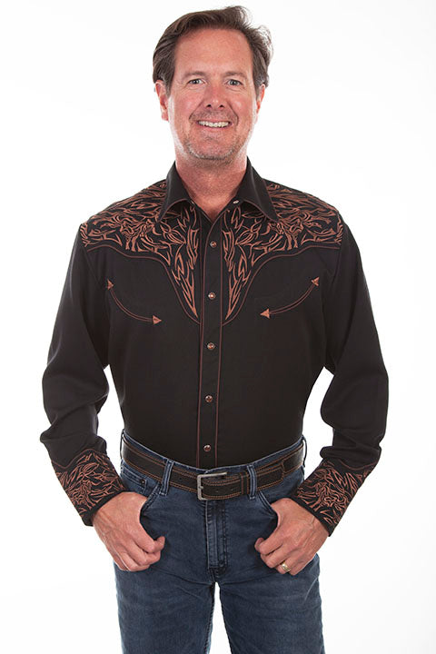 Scully Men's Tribull Embroidered Black Western Shirt- P884