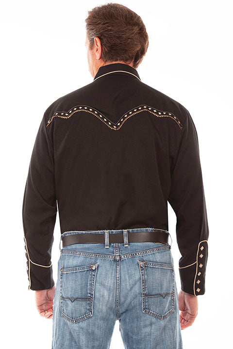 Camicia western a maniche lunghe ricamata con diamanti neri Scully da uomo - P898