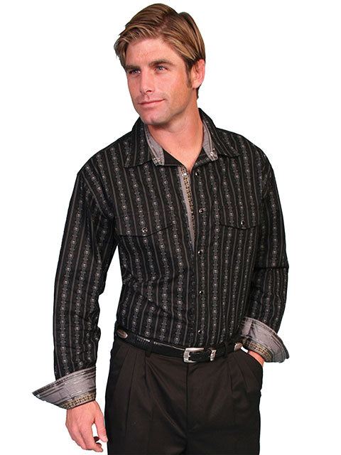 Men's Scully Skull Strip Long Sleeve Snap Shirt in Black - PS-093