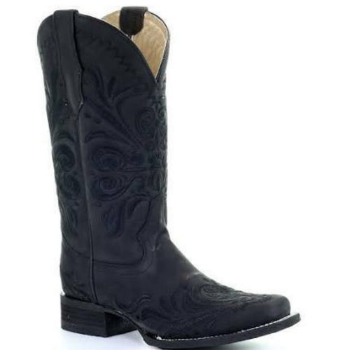 Ladies Black Embroidery Square Toe Western Boot - L5464