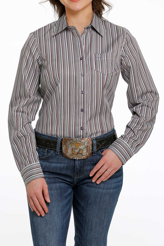 Ladies Cinch Button Down Western Shirt in Purple/White/Black - MSW9164193