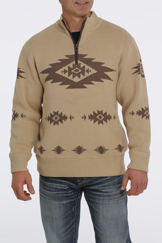 Men's Cinch 1/4 Zip Aztec Print Pullover Khaki Sweater - MWK1560002 - FINAL SALE