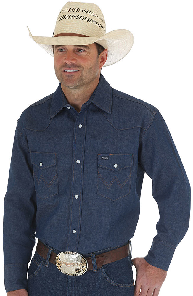 Camicia da lavoro Wrangler da uomo Classic Fit a maniche lunghe in denim rigido con bottoni automatici - Grande/Alto - 70127BT